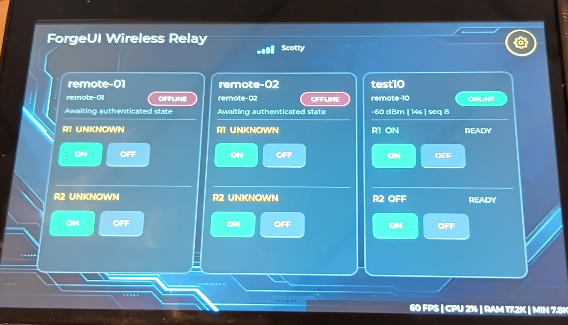 Physical Waveshare ESP32-P4 touchscreen running ForgeUI Wireless Relay with two offline remotes and one online Relay X2 remote